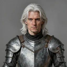 portrait painting of a cocky man with mid length white hair wearing a grey pelt gambeson. sharp focus, award - winning, trending on artstation, masterpiece, highly detailed, intricate. art by rebecca guay