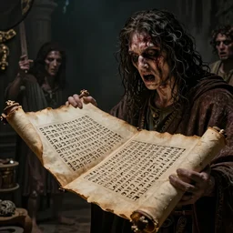 ultra - realistic horrifying photo terrified man reading a dead sea scroll with nabeatean aramaic in sideways columns, by dave dorman, paul carrick, dark, brooding, volume lighting, atmospheric lighting, painted, intricate, ultra detailed, well composed, best on artstation, cgsociety, epic, stunning, gorgeous, intricate detail, wow, masterpiece