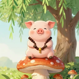 a cute pig, meditating like buddha wearing mala beads, on top of a giant mushroom, large willow tree in the background.