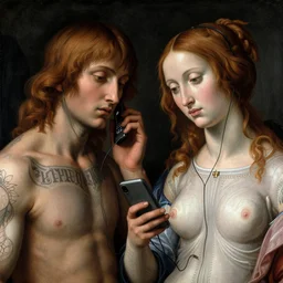 hyper detailed perfect renaissance painting of ada and eve with body tattoos on chest neck and face with cell phone sharing headphones, intricate photo realistic faces, art by michaelangelo and rembrandt, post - processed, taste of horror