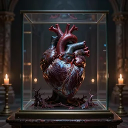 a darkmagic realistic mutated anatomical real heart inside glass box on an altar, dark magic in the air, inside a medieval dungeon with candles, grimdark magic ritual, 8 k, realistic render, octane render, unreal engine, style by greg rutkowski, intricate details, cinematic lighting
