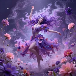 god of psychedelics dancing in a vortex made of flowers, purple and pink colors ， glitter accents on figure, highly saturated colors, detailed, highly detailed, hair made of hair made of air wind and curling smoke, mist, dust, genie, flowers, flower, stars, spirit fantasy concept art ， art by charlie bowater and aenami, trending on artstation.