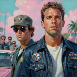 an oil painting closeup of crockett and tubbs, eighties miami vice, ultra realistic, highly detailed, masterpiece, cinematic by frank frazetta, greg rutkowski, beeple, yoko taro, christian macnevin, beeple, wlop, krenz cushart, epic fantasy character art, volumetric lighting, cgsociety, pink and teal