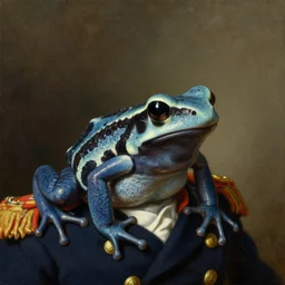 a head - and - shoulders portrait of an amazon milk frog wearing a navy colonial military uniform, an american romanticism painting, oil on canvas, cgsociety, soft focus