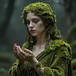 Portrait of a moss-covered Gaia goddess shedding a single tear, highly-detailed, elegant, dramatic lighting, artstation, 4k