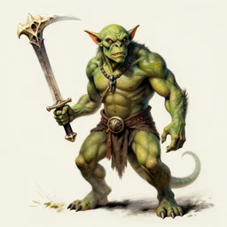 dog - faced muscular goblin, ugly face, lizard tail, holding scimitar made of bone, scimitar, colorized, green skin, hyper - detailed, primeval fantasy, prehistoric fantasy, drawn by frank frazetta