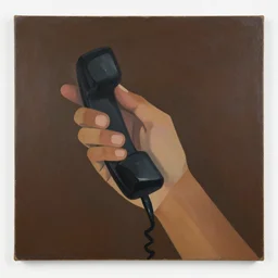 A painting of a hand holding a telephone, abstract painting in the style of Sophie Taeuber-Arp and Gary Hume and Tatsuro Kiuchi, flat colour-block style, geometric abstraction, dark earthy colours