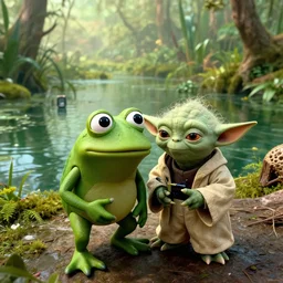 pepe the frog and yoda taking a selfie together in front of a swamp on dagobah, a scene from'the empire strikes back ', wide angle shot, cinematic, hyper realistic,