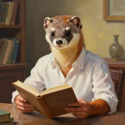 portrait painting of a weasel with its head in a human body, wearing a white shirt, sits on a table reading a book by wenjun lin, irakli nadar, bright colors, octopath traveler, wenjun lin, unreal engine 5 highly rendered, global illumination, 9 radiant light, detailed and intricate environment