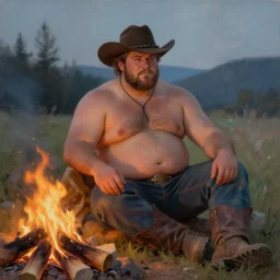 an ethereal painting of a rugged handsome chubby shirtless man with a beer belly and cowboy hat sitting by a campfire. trending on artstation