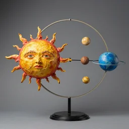 a kinetic sculpture of this solar system, sun, orrery, canon 5 d 5 0 mm lens, papier - mache, studio, circa 2 0 1 2