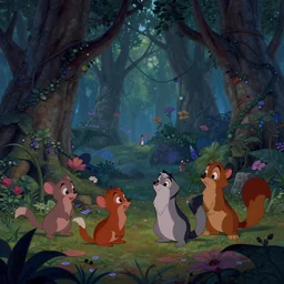 Movie frame from the coloured Disney animated motion picture released in 1946, beautiful enchanted forest full of critters, directed by Walt Disney, highly detailed background paintings by Thomas Kinkade