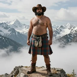 a homoerotic portrait by greg rutkowski and albert bierstadt and bill ward of a shirtless thick desi hiker on a mountain peak | he is wearing a revealing tartan kilt, cowboy hat, and leather boots | background is snowy mountains and clouds | detailed face, ethereal, dreamlike | trending on artstation