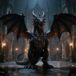 an ultra realistic black dragon on a medieval palace courtyard at night, scary, powerful extremely detailed, high quality, epic, dnd, fantasy art, artstation, behance, hd, dramatic lighting, symmetrical
