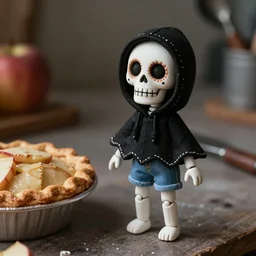 an adorable simple ball jointed sugar skull grim reaper lady lovingly crafted and sculpted by hand from porcelain glass on a toy workbench, beside a fresh from the oven apple pie, wearing a little hand stitched black bat poncho hoodie, and jean shorts with love in every stitch, worms eye view, macro camera lens, cinematic, focus