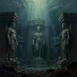 low ultrawide shot, dark, underwater statues, submerged pre - incan temple with carvings, abyss, stylized, detailed gouache paintings, crepuscular rays, dark, murky, foggy, atmospheric, nicola samori, albert bierstadt, frederic edwin church, beksinski, wayne barlowe's inferno