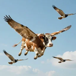 A cow cat flying in the sky, and three birds flying around it, the painting style lively and bright,Authentic cinematic feeling.