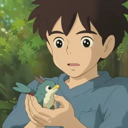 guy holding small creature , with Fragile looking character portrait face made by Studio Ghibli highly detailed art, beautiful scene, sharp focus, smooth, nostalgic 8k, anime art, pixiv, accent lighting