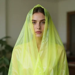 closeup portrait of a woman wrapped in chartreuse cellophane, standing in an overgrown interior, color photograph, by paula rego, canon eos c 3 0 0, ƒ 1. 8, 3 5 mm, 8 k, medium - format print