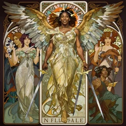 realistic detailed full body portrait of Serena Williams as a Nike Goddess of Victory by Alphonse Mucha, large wings behind, Ayami Kojima, Amano, Charlie Bowater, Karol Bak, Greg Hildebrandt, Jean Delville, and Mark Brooks, Art Nouveau, Neo-Gothic, gothic, Tarot, Tarot card, swords, tarot swords, rich deep moody colors