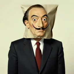 Man in a business suit with a bag covering his head, by Salvador Dali