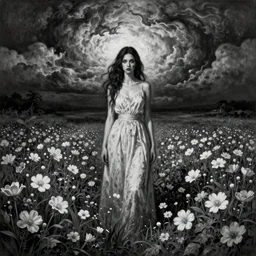 By Tom Bagshaw, ultra realist soft painting of a flower field by night, long dress female, horror, omnious sky, symmetry accurate features, very intricate details, black and white, volumetric light clouds