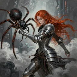 ultra realist and ultra intricate detailed soft painting of a beautiful gothic armored female mage, fighting a gigantic spider, thin lustrous long auburn hair, symmetry features, sensual gloomy style, volumetric clouds,  cyberpunk background, artstation,  unreal render, depth of field