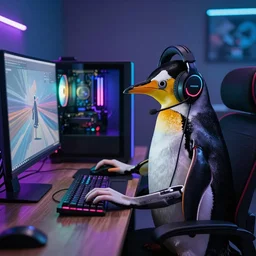 Penguin playing on a computer with gaming Headset, on chair, RGB PC, raytracing, Photorealistic, 4k