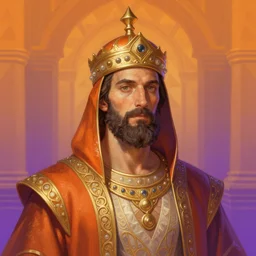 portrait of a sultan in a temple by Greg Rutkowski and alphonse mucha, d&d character, gradient orange to purple, triangles on the background, highly detailed portrait, digital painting, artstation, concept art, smooth, sharp foccus ilustration, Artstation HQ, art station, art station
