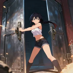 Female Anime character forcing large metal door open, sparks flying, digital art, trending on artstation, HDR