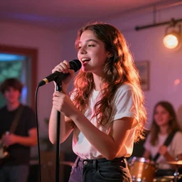 color video footage of a girl singing on the stage at home party, room lighting, normal tone,