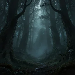 fantasy haunted dark forest, foggy, detailed, digital art, a dark forest with evil spirits that lurk in the shadows, by Anato Finnstark, artstation
