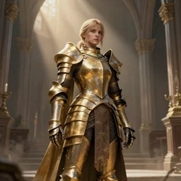 female paladin in gold armour standing inside a church, super detailed, artstation, godrays, volumetric light, dusty