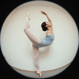 a female ballet dancer doing an extreme stretch, dance photography, pastel colors palette, anatomic photography, high detail, fisheye view, natural light