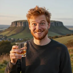 a beautiful painting of a young man with short ginger hair and a beard holding a whisky glass in front of Arthur's Seat with a goofy grin and wide-set eyes, golden hour, realistic, (by Delphin Enjolras), trending on artstation