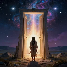 an indigenous shaman entering the world of dreams through a giant door full of light and surrounded by stars, beautiful colors, fantasy art, surrealism, matte painting