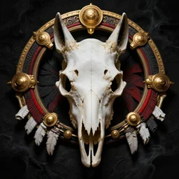 portrait closeup of half wolf skull half iroquois warrior skull on bones, dramatic lighting, circural, golden ornaments, symmetric, intricate skeletal decorations, symmetry, highly detailed, concept art, black, glimpse of red, white, gold layers, centered, style of nekroxiii, hyperrealistic, black bones as background, smoke