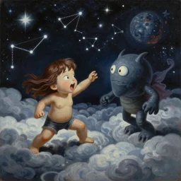 painting of a very funny nendroid girl fighting a celestial entity over the clouds at night with many stars and constellations, realistic, harsh lighting, breathtaking, detailed, traditional