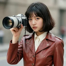 ektachrome, telephoto lens, highly detailed : incredibly realistic, youthful asian demure, exquisite features, feminine cut, portrait photo 1 9 7 0 s frontiers in flight leather suit cosplay fashion, mario testino,