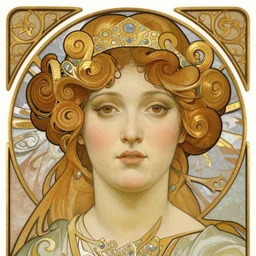 realistic detailed face portrait of Hera by Alphonse Mucha, Greg Hildebrandt, and Mark Brooks, gilded details, spirals, Neo-Gothic, gothic, Art Nouveau, ornate medieval religious icon