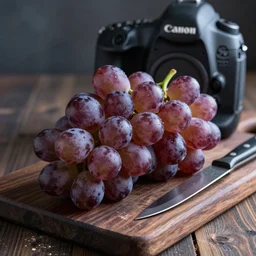 photograph of delicious grapes on a dark wooden chopping board, professional food photography, photorealistic, depth of field, dust, sharp knife, 4 k, canon 1 d, bohek
