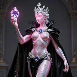 hyper detailed ultra sharp fullbody photo of baroque and bladerunner delicate glowing sapphire sculpture of seductive aroused muscular albino young spanish king, pink diamond black metallic sphinx iridescent humanoid deity wearing black cloak holding a prismatic gem, glowing pink face, crown of white diamonds, cinematic lighting, photorealistic, octane render 8 k depth of field 3 d