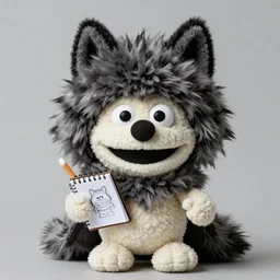 dungeons and dragons egg white grung cleric as a chibi muppet plush wearing a big dark wolf pelt headdress and carrying a tiny sketch book and pencil, photorealistic, photography, national geographic, sesame street