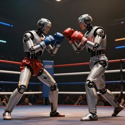 A concept art of two robots boxing in action in the middle of the a boxing ring, highly detailed, scifi film color palette, ridley scott film, cinematic lighting, trending on artstation, cgsociety, volumetric lighting, style by dylan cole