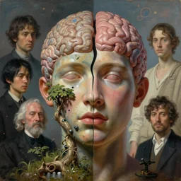 bust, technology vs nature, split in half, falling out of the face, the truly amazing part about this is that it increasingly appears our cortical evolution reflects this emergent tension, photorealistic by michael komarck, greg rutkowski, victo ngai, artgerm, willem claesz heda and j. dickenson