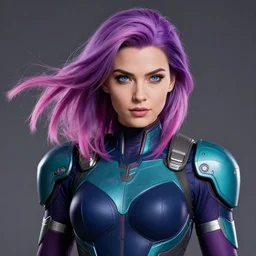 a stunning upper body portrait of a beautiful woman with a ombre purple pink hairstyle with hair blowing in the wind wearing futuristic navy blue and teal battle bodyarmor and pauldrons by marvel comics, outrun, vaporware, highly detailed, fine detail, intricate, digital art, trending on artstation