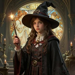 highly detailed portrait of a a young girl wizard with a wand, unreal engine, in the style of greg rutkowski and alphonse mucha, global illumination, detailed and intricate environment, mysterious, comfort, in the style of aetherpunk