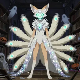 anime by yuji ikehata of a fennec fox character covered in glowing demon eyes and mouths, that has sugar skull head, and has nine albino peacock tails for a coat train, is also coated in stars and sparkles, night in an abandoned library, nongraphic, screenshot, anime, vhs, halloween decorations, spirits, realistic
