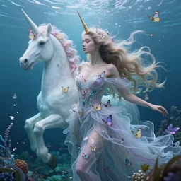 epic ultra detailed digital portrait of beautiful underwater queen made of butterflies and translucent fabric. in the unicorn's garden. magic. by greg rutkowski, concept art, smooth, sharp foccus ilustration, artstation hq. intricate, elegant. by basil gogos. art by wlop and artgerm and greg rutkowski and