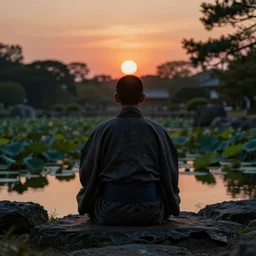 low camera view of a zen master symmetrical body, clothed in a beautiful kimono quietly sitting in a rock garden overlooking a pond of lilly pads during a sublime sunset, one sun, his dark silhouette completely obscured by bokeh, colorful masterpiece photography,